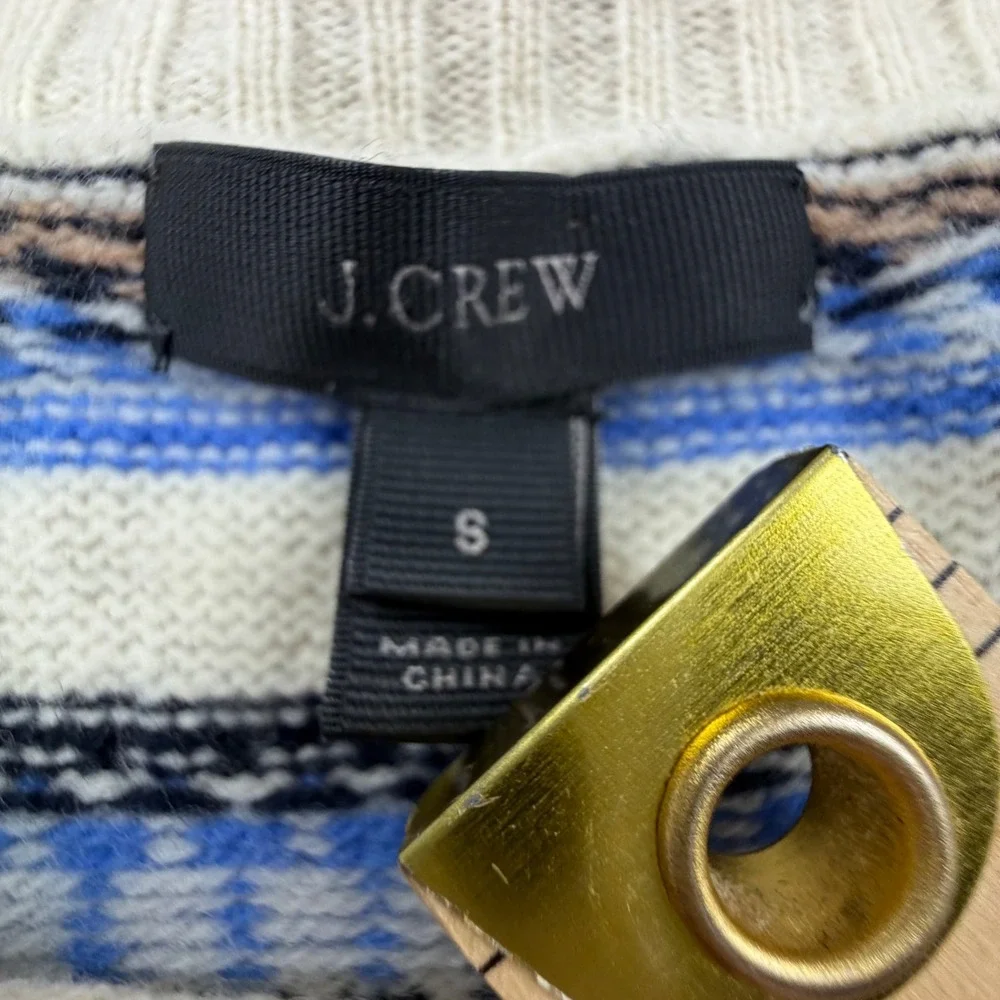 J.Crew Small 100% Wool Fair Isle Striped Crewneck Sweater Cream Blue